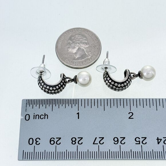 Vintage Sterling Silver 925 Hobnail Detail Imitation Pearl Drop Earrings - Picture 5 of 6